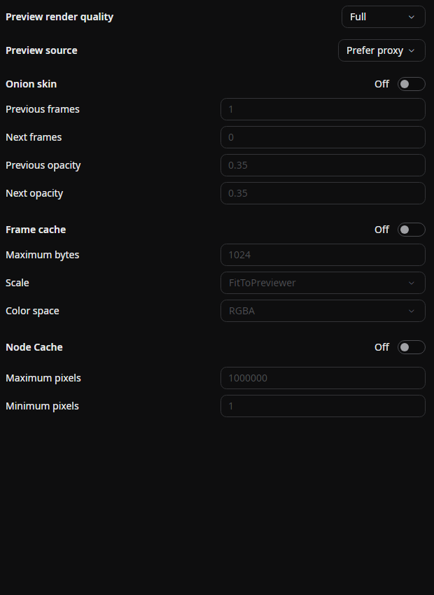 Preview quality, onion skin, and cache settings