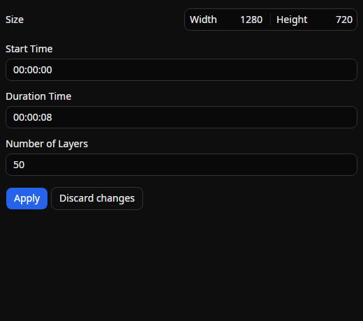 Scene size, duration, layer count, and Apply button